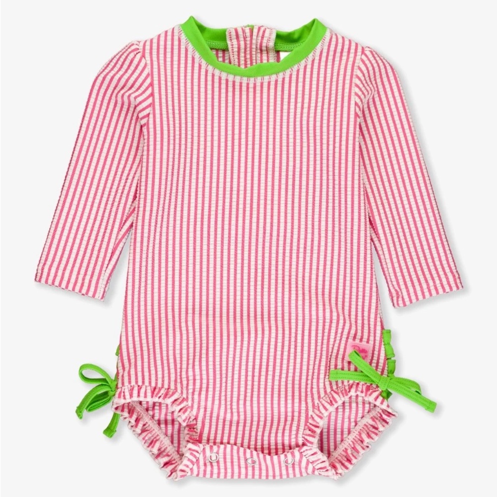 NWT RuffleButts Hot Pink and Lime Green Seersucker Swimsuit